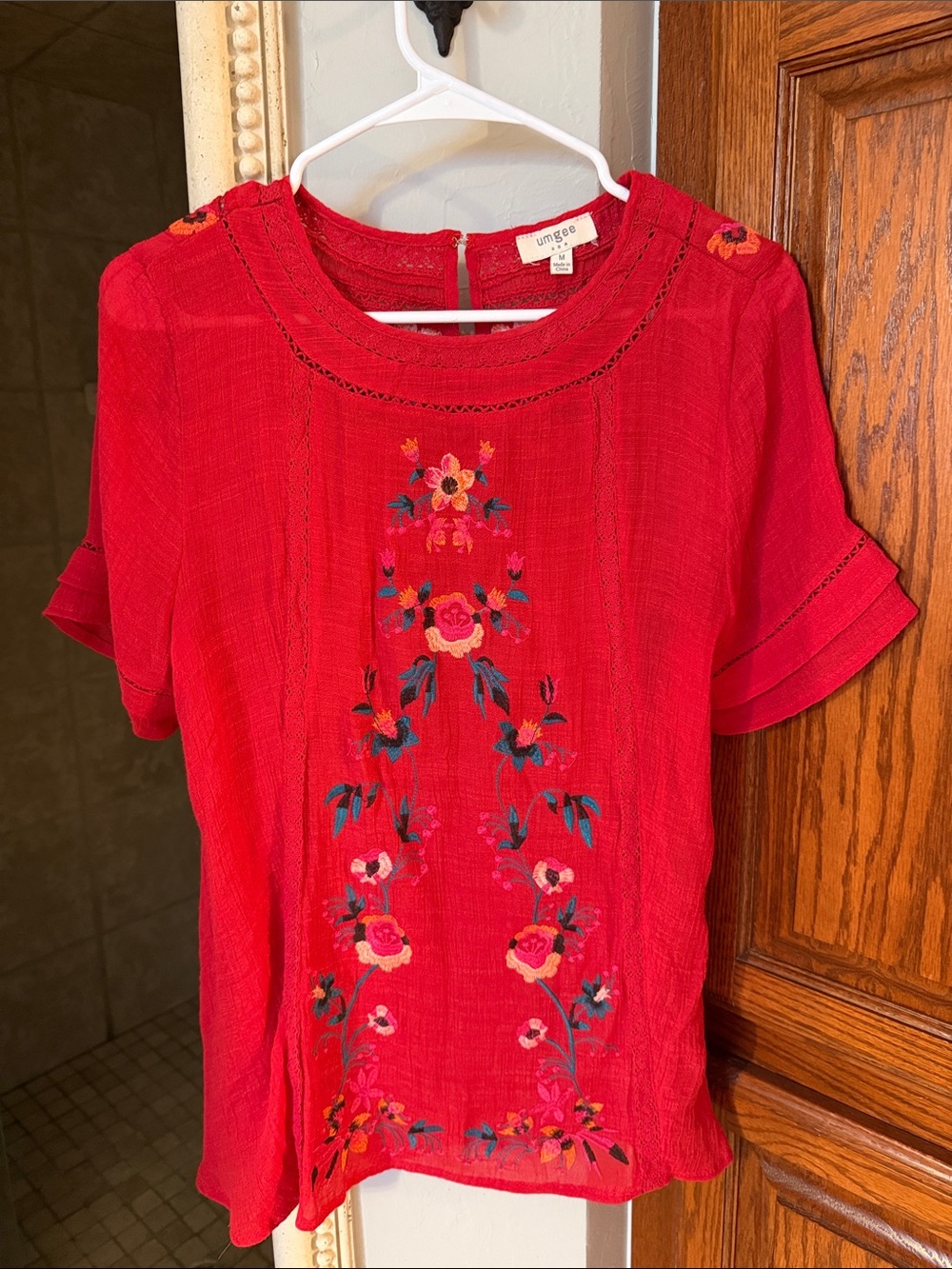 Umgee Red Floral Embroidered Short Sleeve Blouse